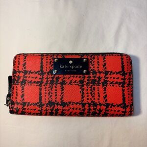 Kate Spade Lacey Belleville Plaid Red‎ Black Plaid Zip Around Wallet Clutch